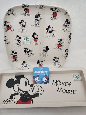 Disney Mickey Mouse Serving Tray Set 4 PLATES in Cream, Black & Red